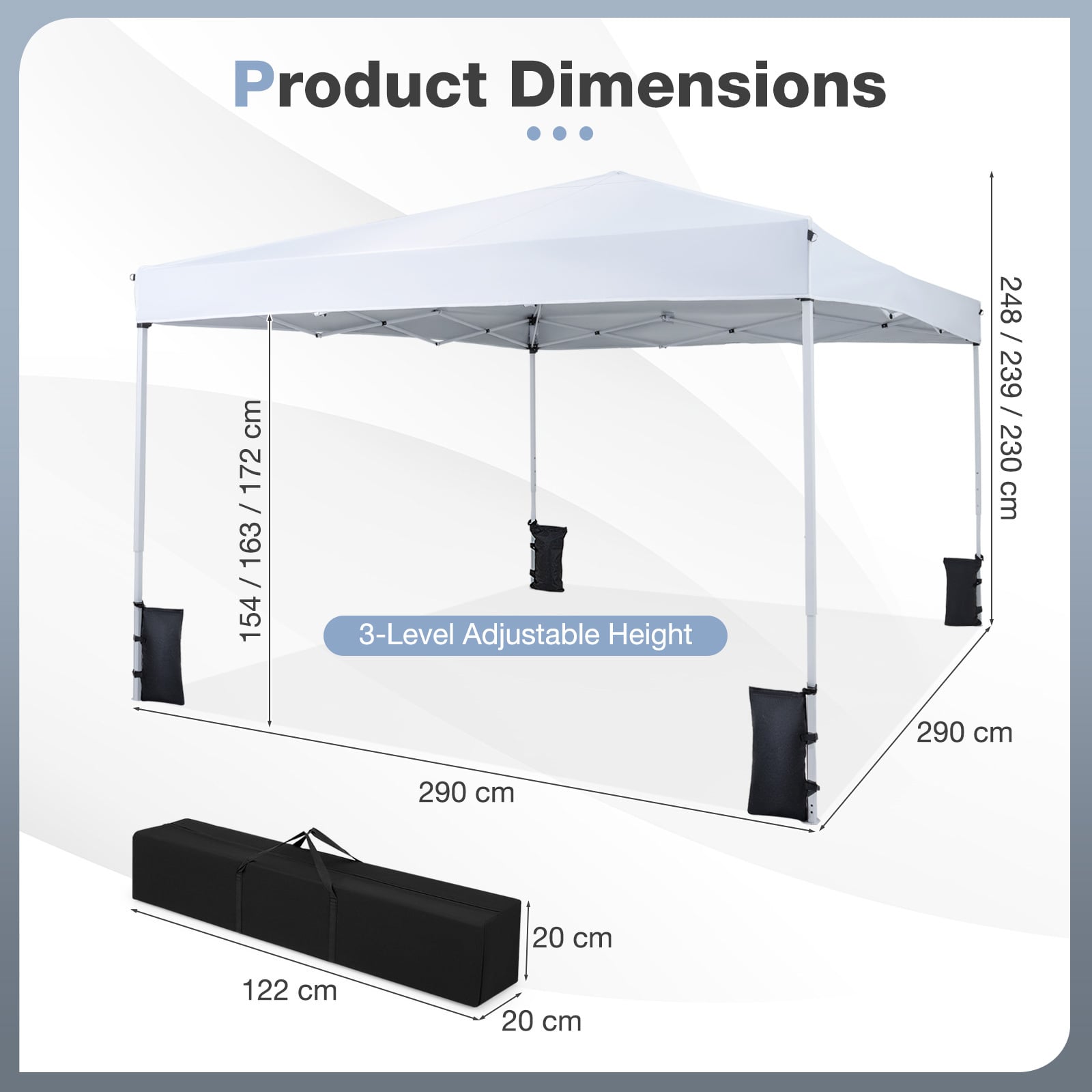 290 x 290 cm Pop up Canopy Tent with Carrying Bag and 4 Sandbags-White