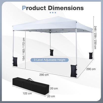 290 x 290 cm Pop up Canopy Tent with Carrying Bag and 4 Sandbags-White