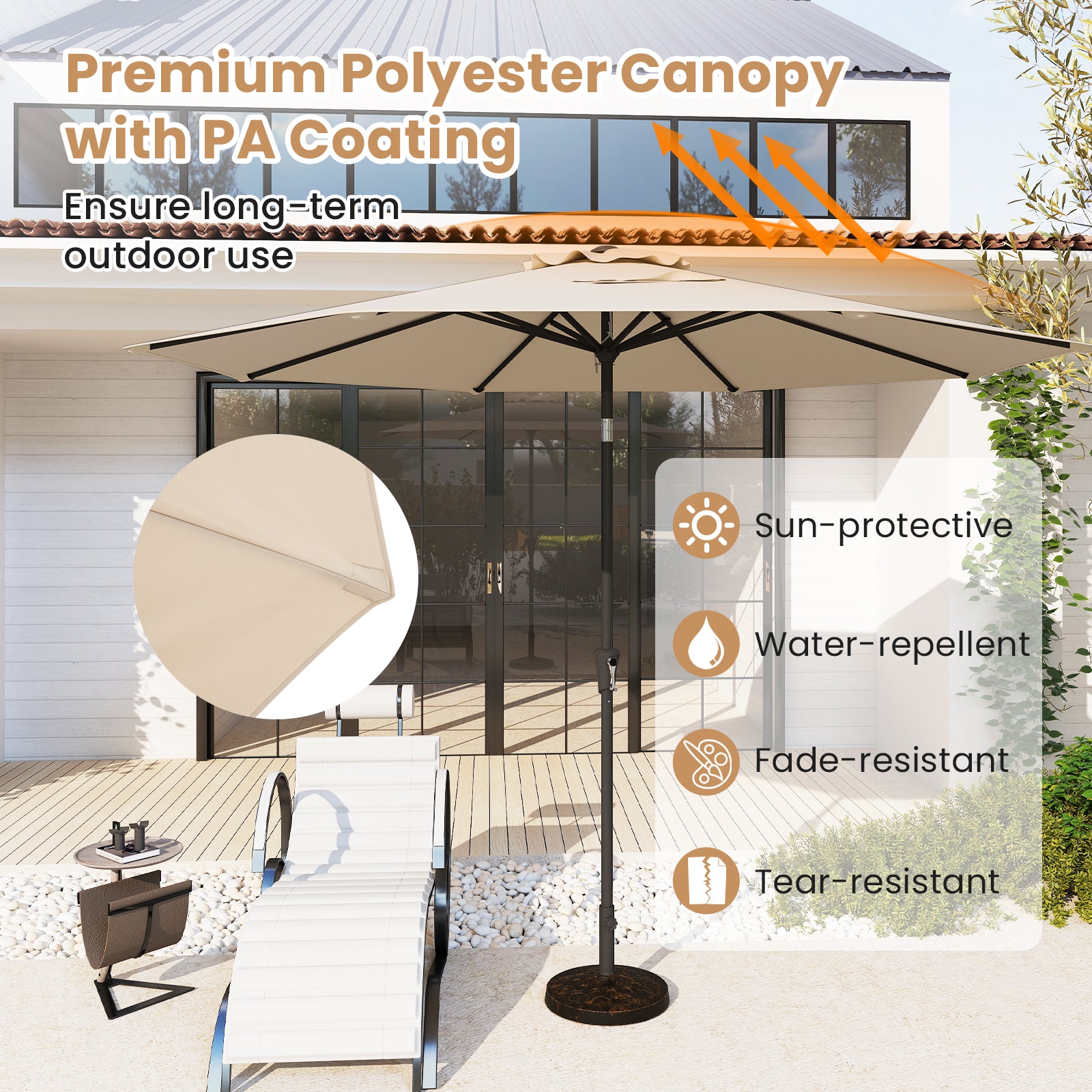 290 CM Patio Umbrella with Crank and 8 Sturdy Ribs for Garden Yard-Beige