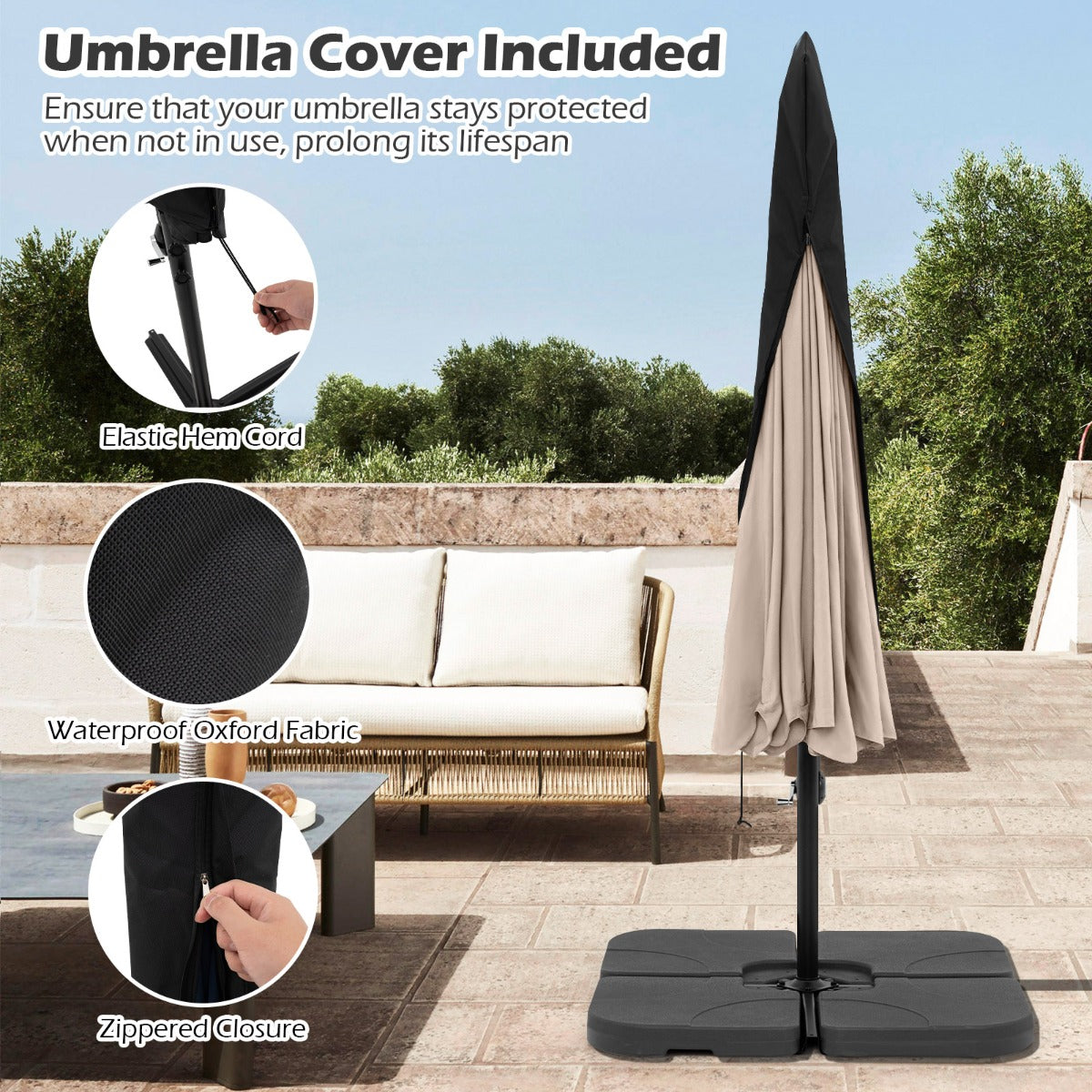 290 cm Patio Cantilever Umbrella with Easy Tilt Adjustment and Ruffled Edge-Beige