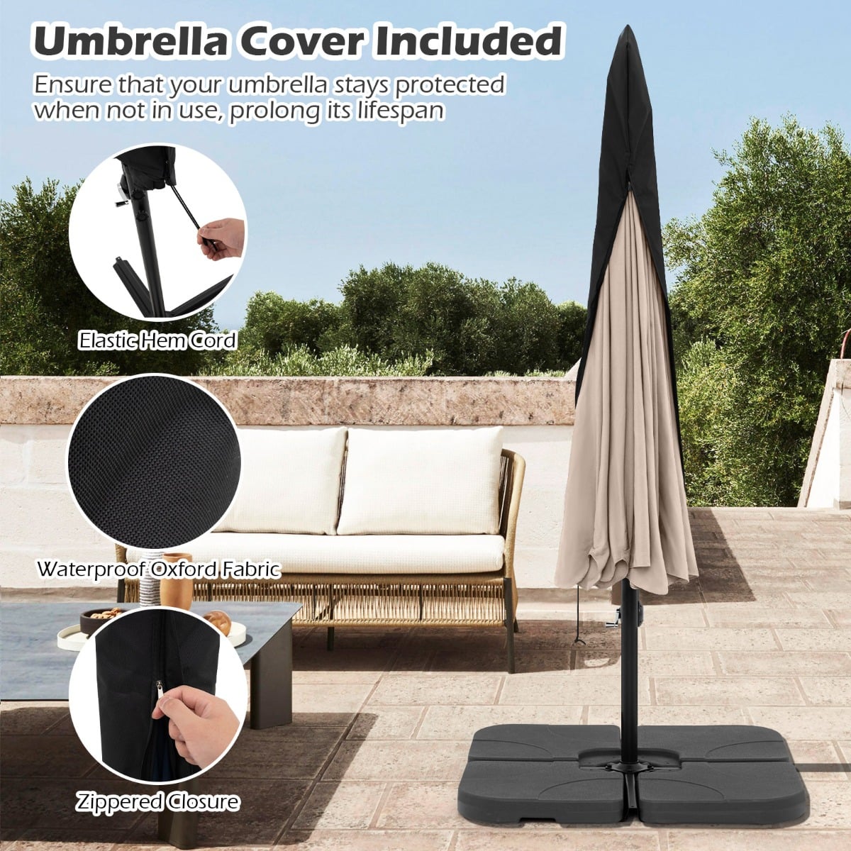 290 cm Patio Cantilever Umbrella with Easy Tilt Adjustment and Ruffled Edge-Beige
