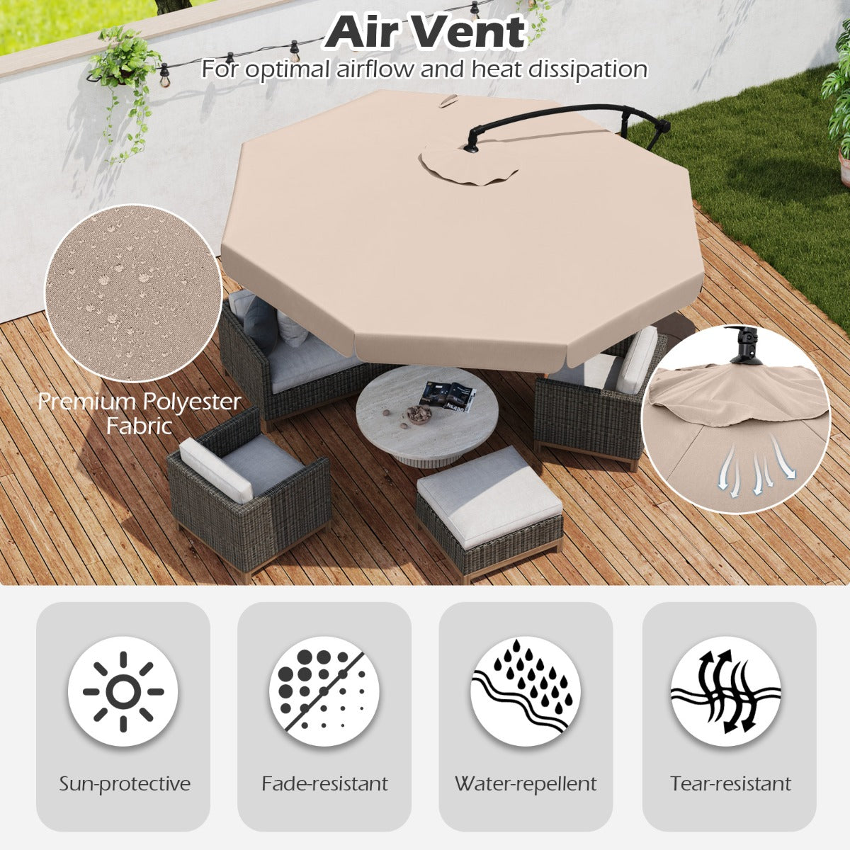 290 cm Patio Cantilever Umbrella with Easy Tilt Adjustment and Ruffled Edge-Beige