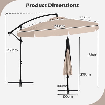 290 cm Patio Cantilever Umbrella with Easy Tilt Adjustment and Ruffled Edge-Beige
