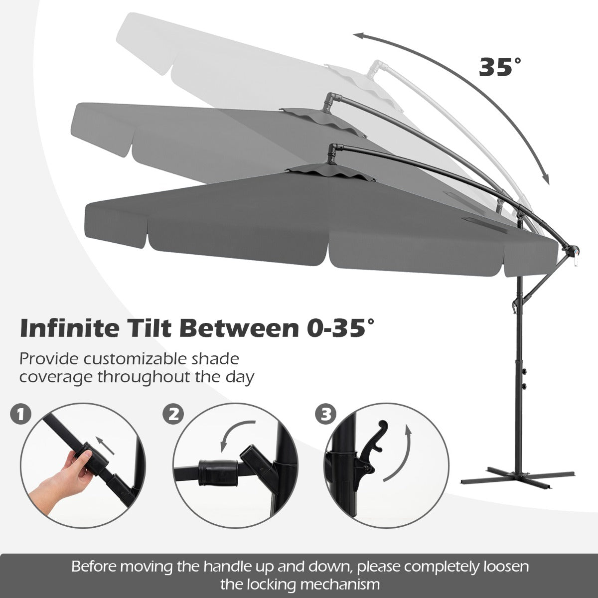 290 cm Patio Cantilever Umbrella with Easy Tilt Adjustment and Ruffled Edge-Grey