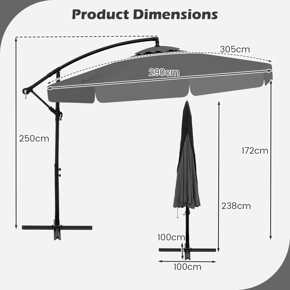 290 cm Patio Cantilever Umbrella with Easy Tilt Adjustment and Ruffled Edge-Grey