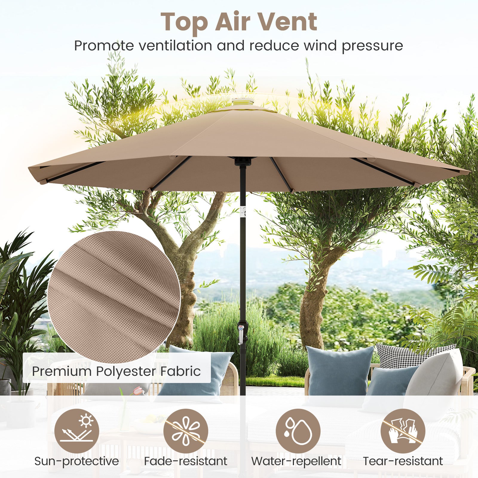 290 cm Solar Patio Umbrella with 96 LED Lights and 9 Modes-Coffee