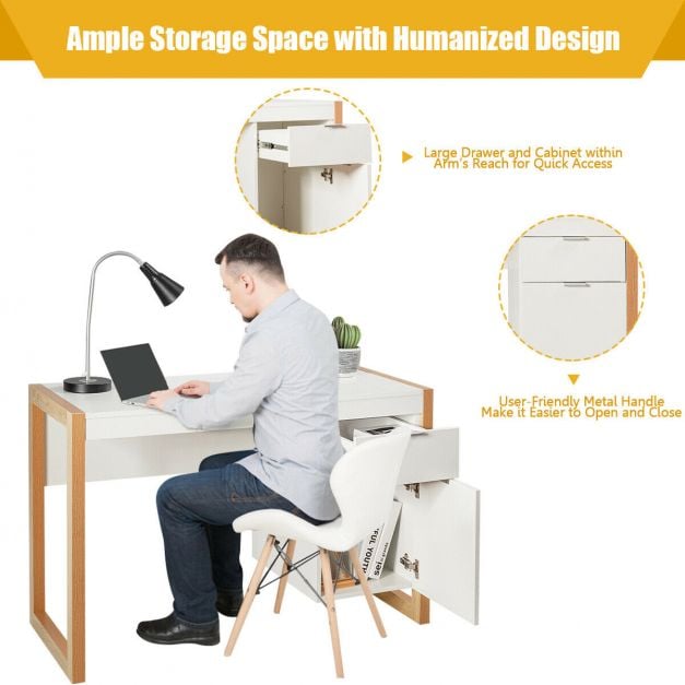 Modern Computer Desk Study Table Writing Workstation with Cabinet and Drawer-White
