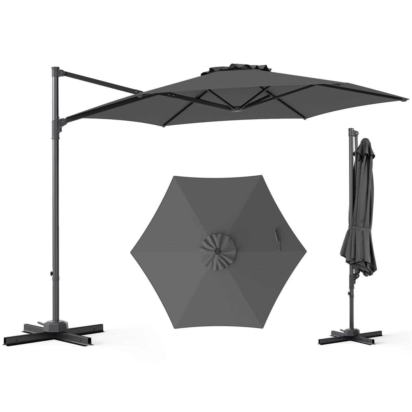 292cm Patio Cantilever Umbrella Large Offset Hanging Umbrella with 360° Rotation-Grey