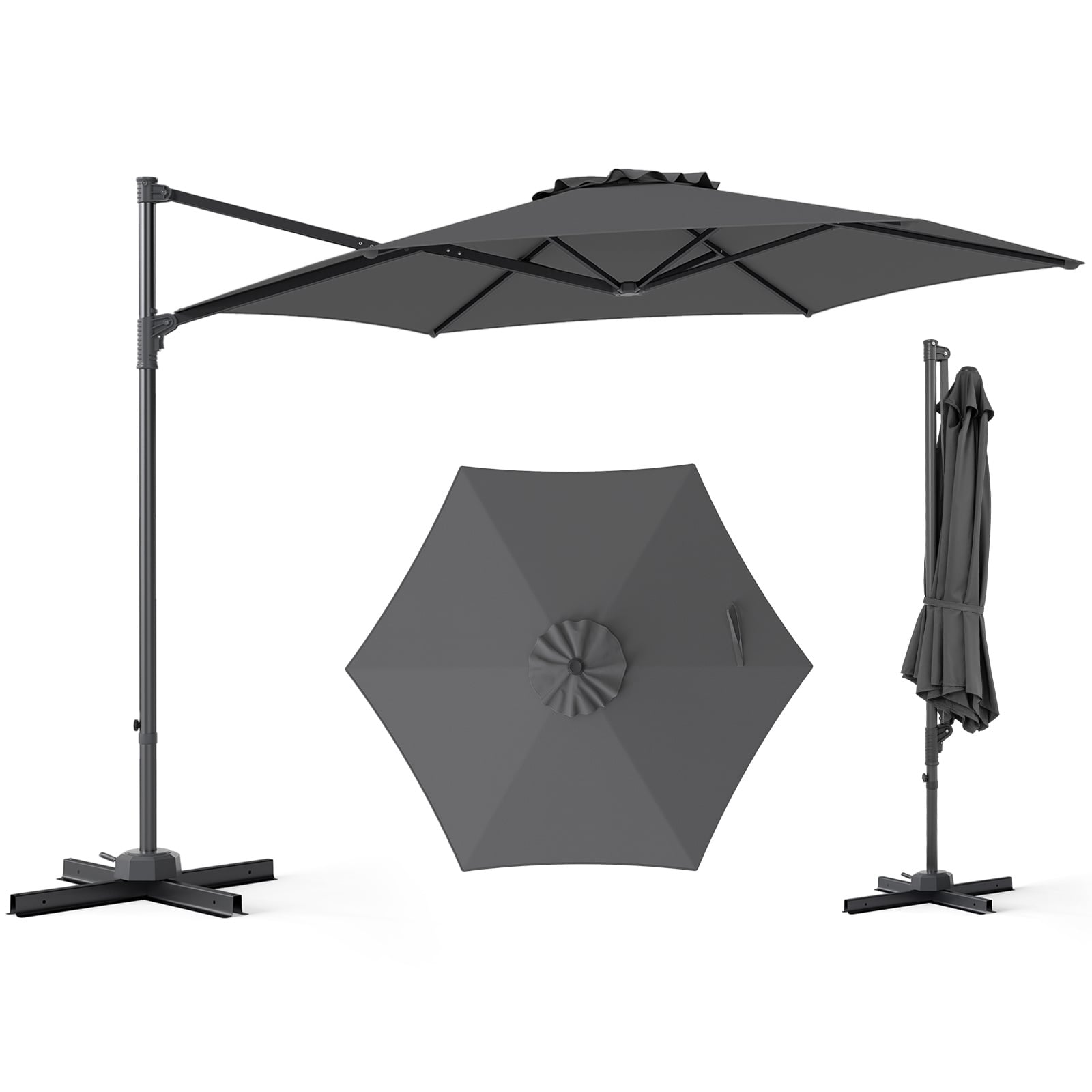 292cm Patio Cantilever Umbrella Large Offset Hanging Umbrella with 360° Rotation-Grey