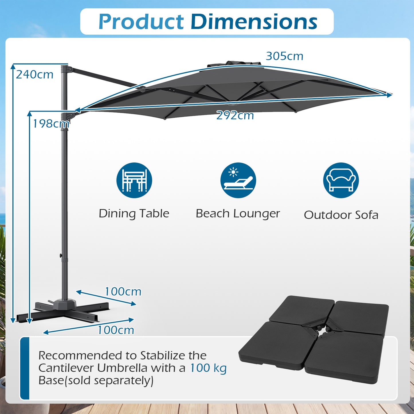 292cm Patio Cantilever Umbrella Large Offset Hanging Umbrella with 360° Rotation-Grey