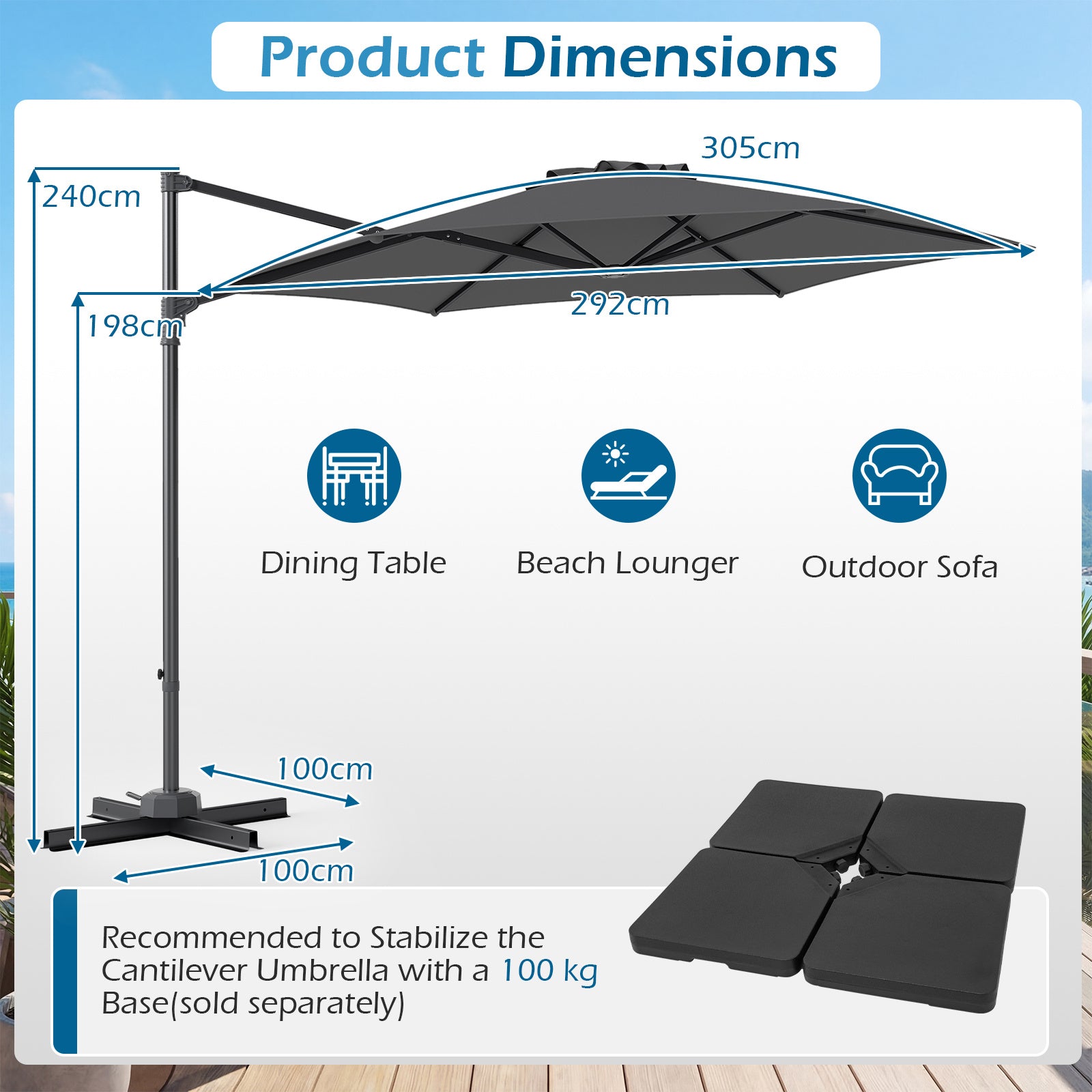 292cm Patio Cantilever Umbrella Large Offset Hanging Umbrella with 360° Rotation-Grey