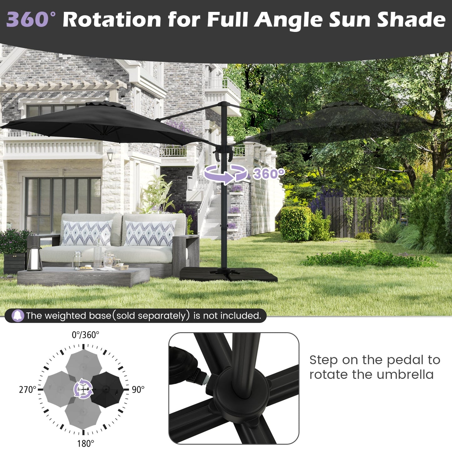 294 x 248 cm Round Outdoor Patio Umbrella Cantilever Umbrella with 360° Rotation for Backyard-Black