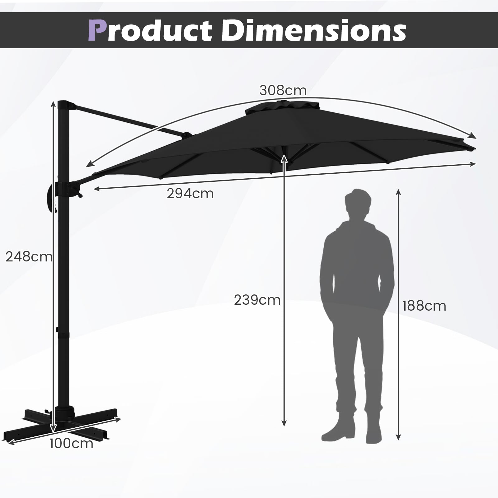294 x 248 cm Round Outdoor Patio Umbrella Cantilever Umbrella with 360° Rotation for Backyard-Black