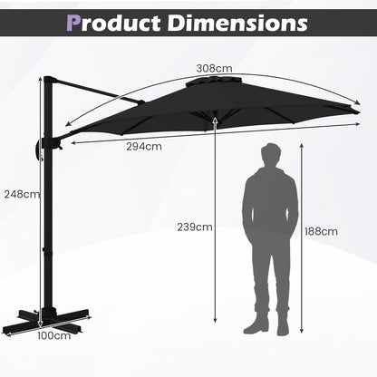 294 x 248 cm Round Outdoor Patio Umbrella Cantilever Umbrella with 360° Rotation for Backyard-Black