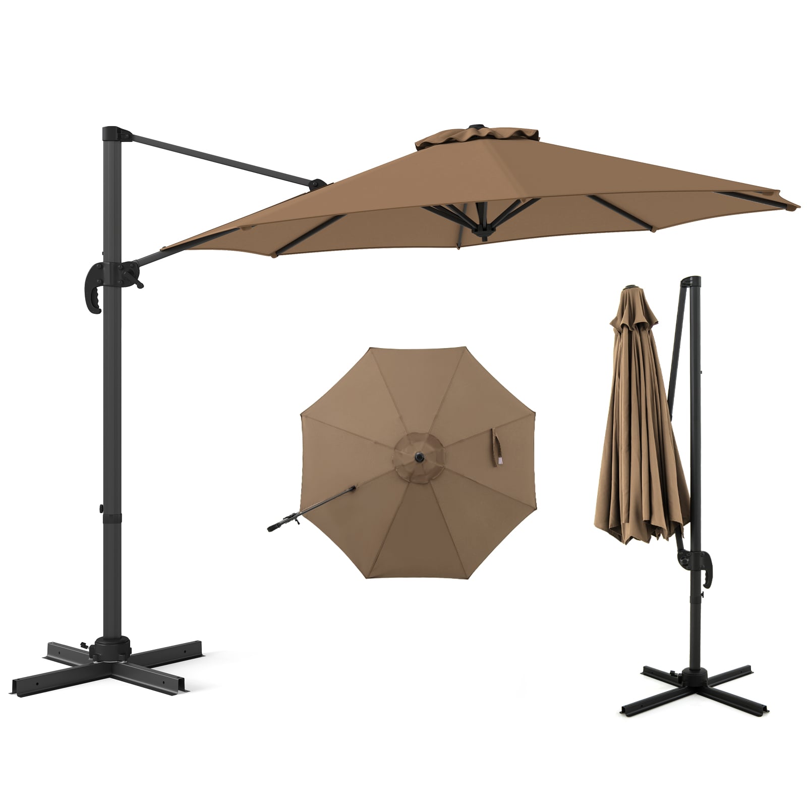 294 x 248 cm Round Outdoor Patio Umbrella Cantilever Umbrella with 360° Rotation for Backyard-Brown