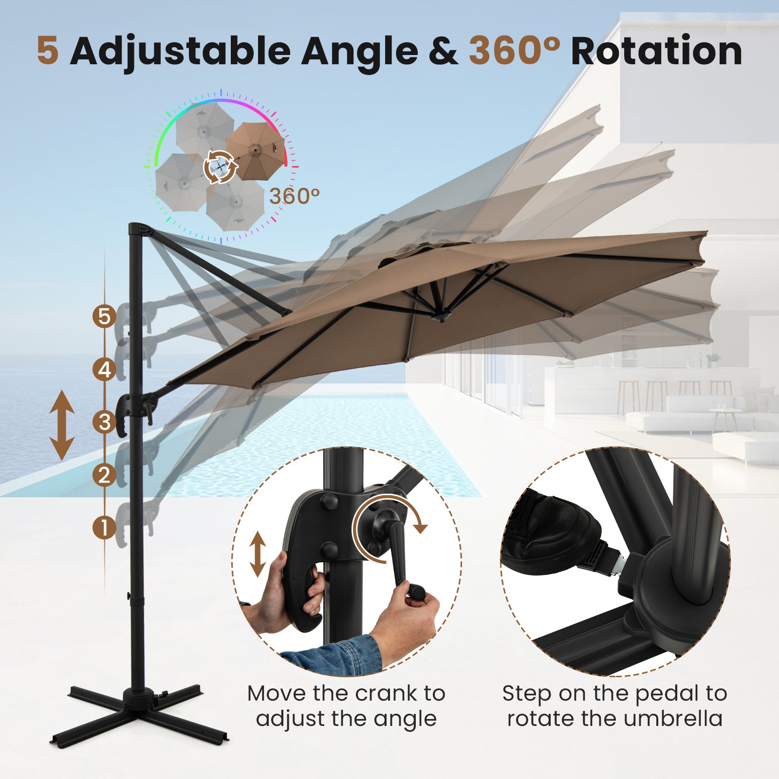 294 x 248 cm Round Outdoor Patio Umbrella Cantilever Umbrella with 360° Rotation for Backyard-Brown