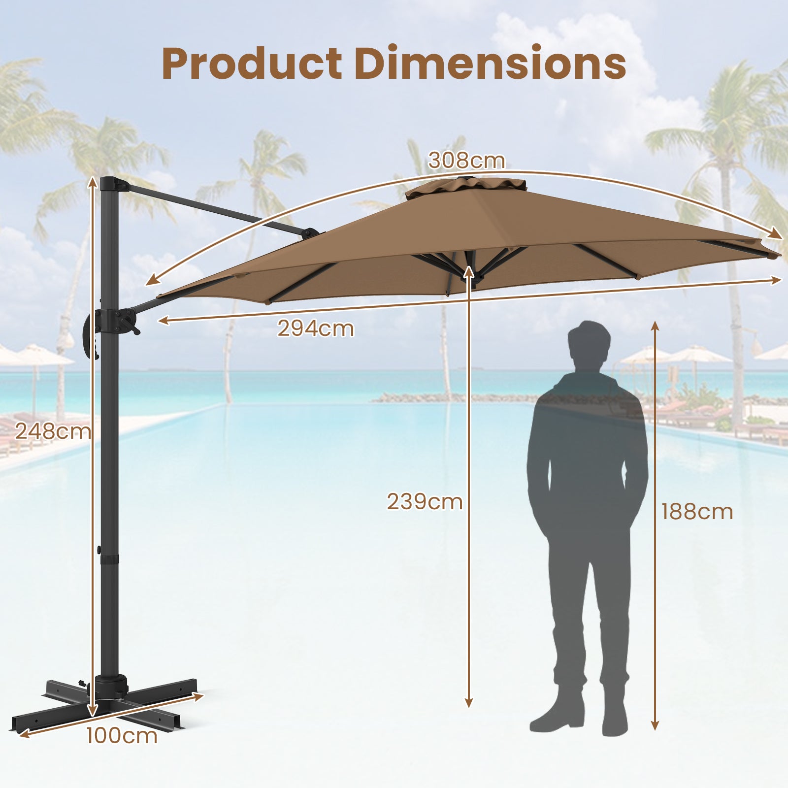 294 x 248 cm Round Outdoor Patio Umbrella Cantilever Umbrella with 360° Rotation for Backyard-Brown