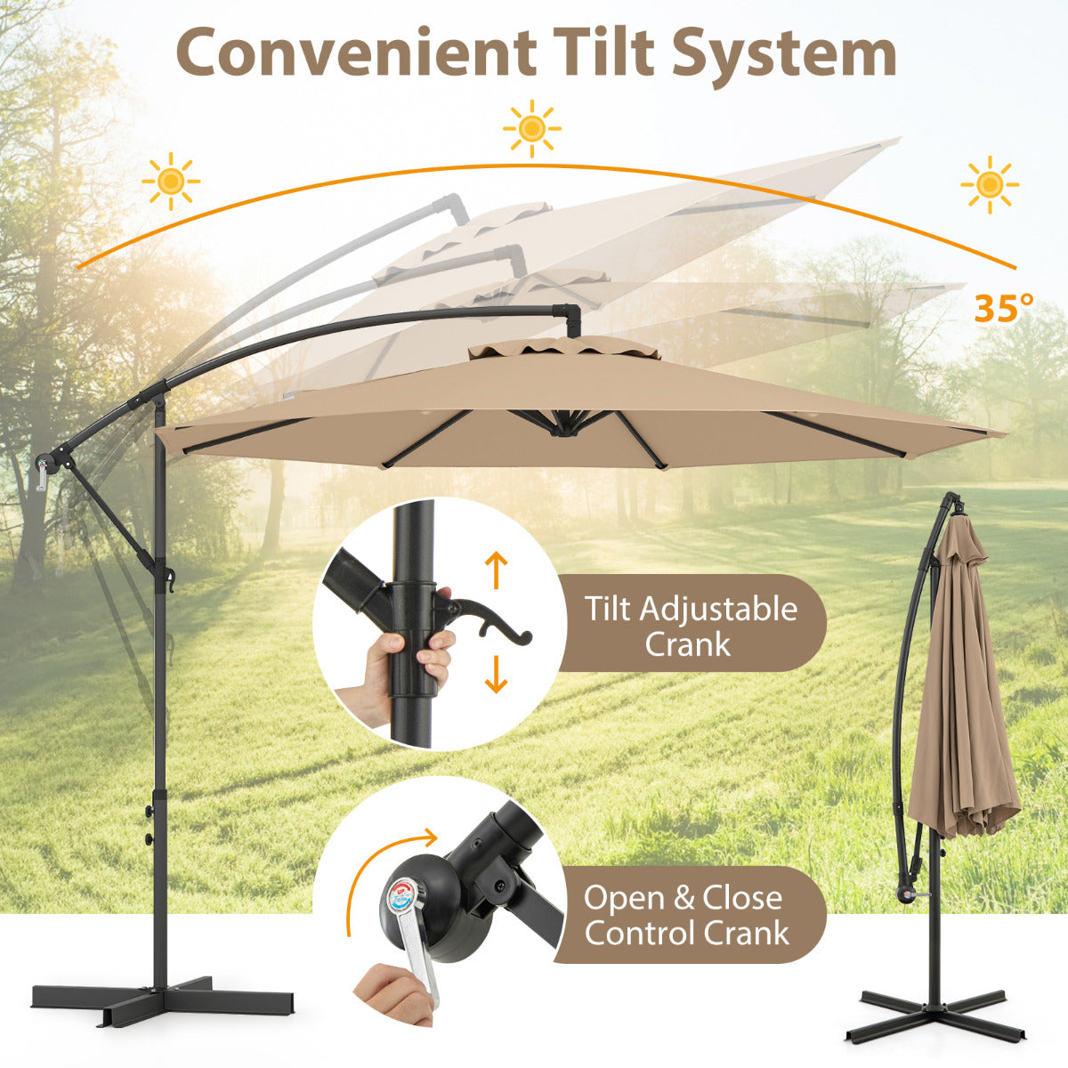 295 cm Patio Offset Umbrella with Easy Tilt Adjustment and Crossed Base-Brown