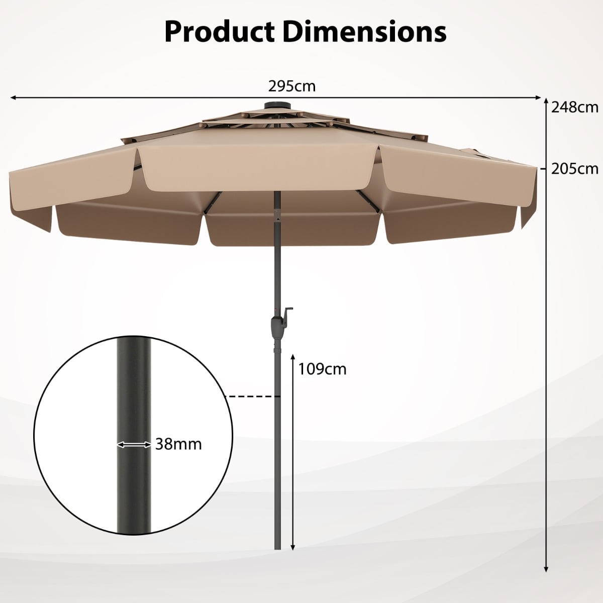 295 cm Solar Patio Umbrella with 32 LED Lights and 3-Tier Vented Top-Tan