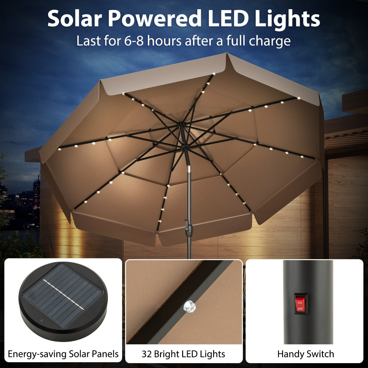 295 cm Solar Patio Umbrella with 32 LED Lights and 3-Tier Vented Top-Tan