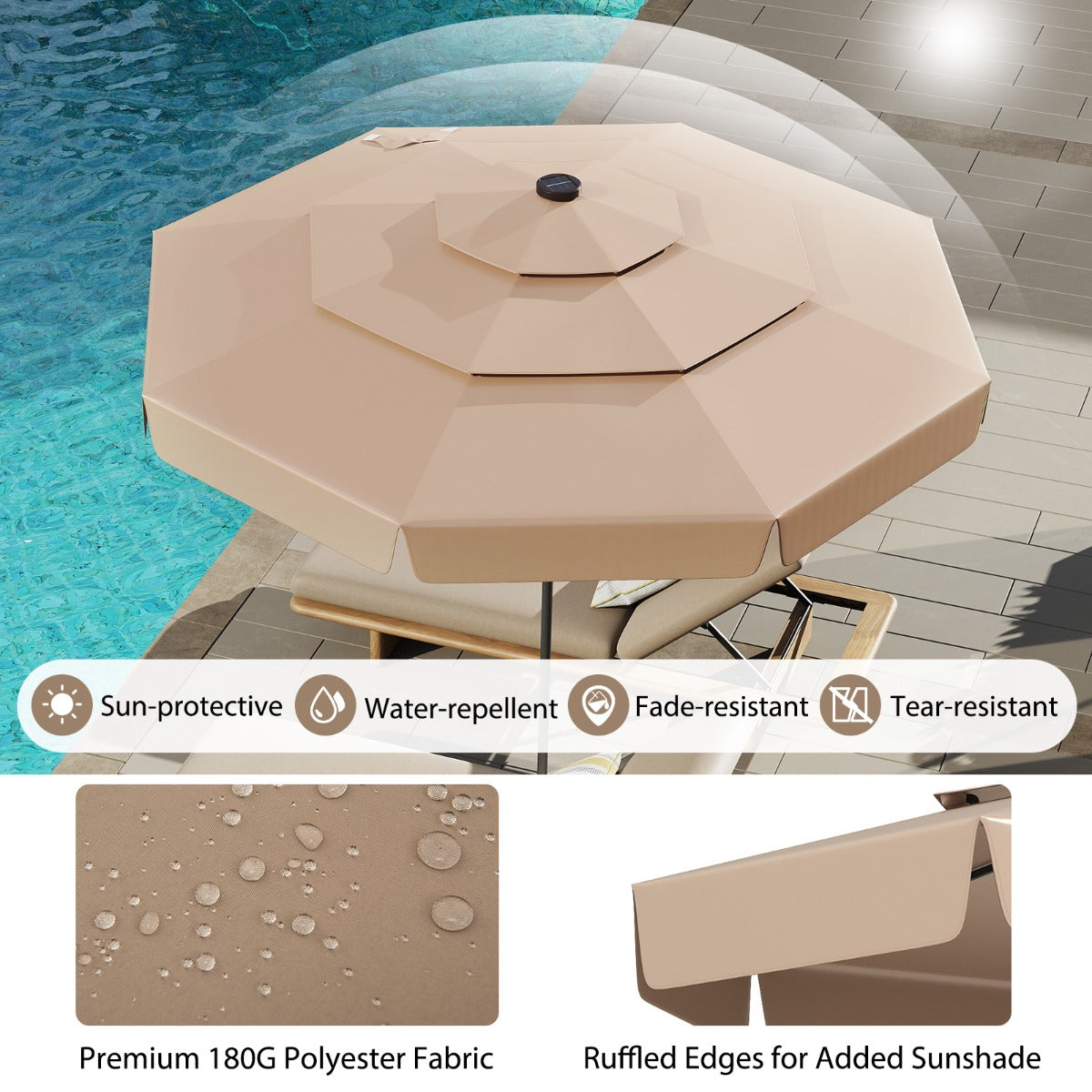 295 cm Solar Patio Umbrella with 32 LED Lights and 3-Tier Vented Top-Tan
