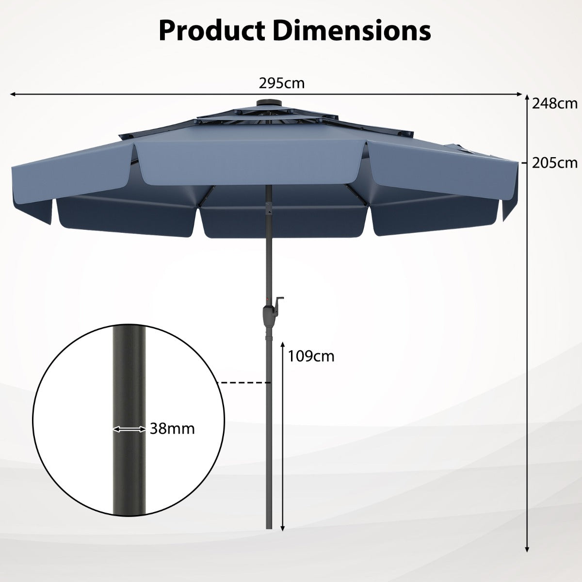295 cm Solar Patio Umbrella with 32 LED Lights and 3-Tier Vented Top-Navy