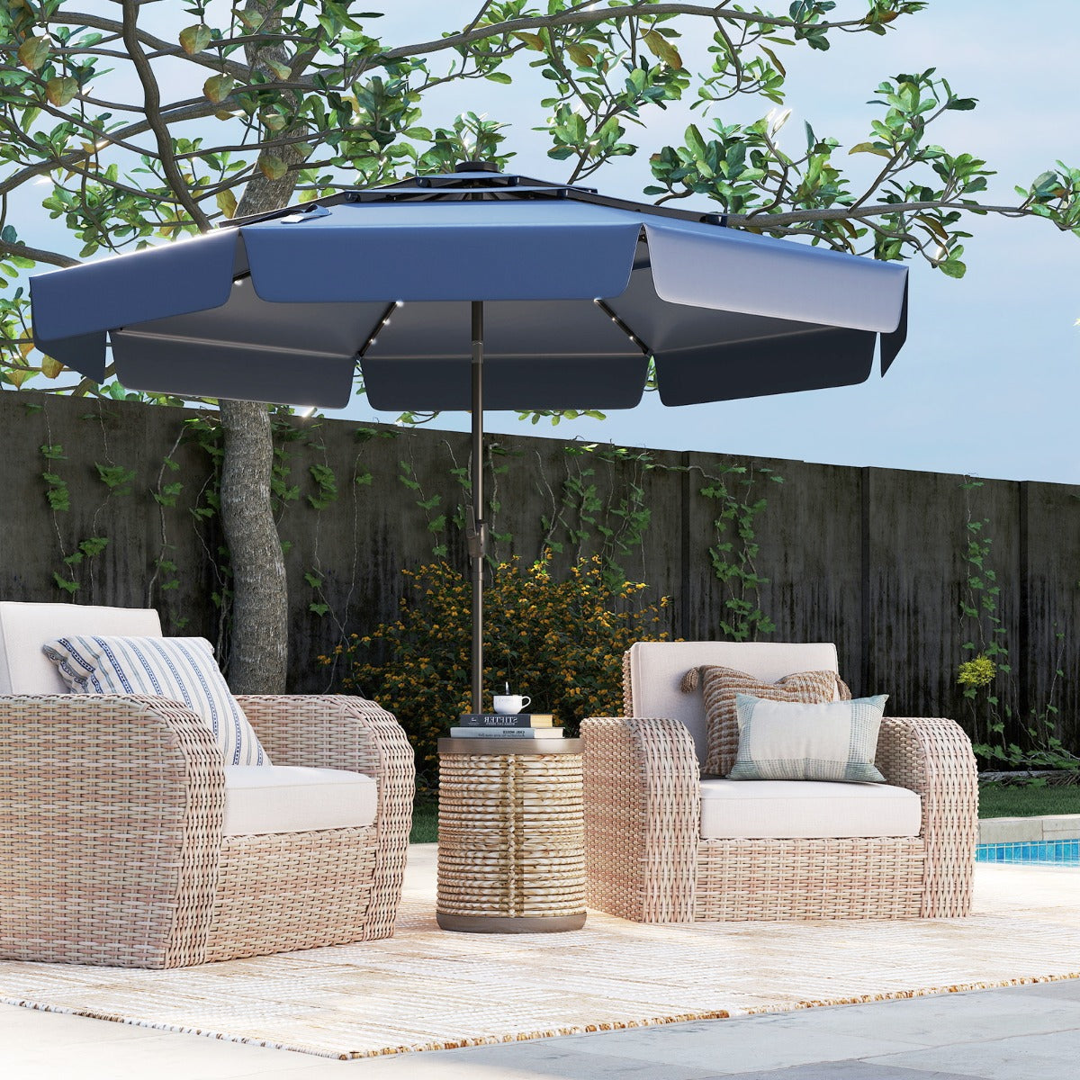 295 cm Solar Patio Umbrella with 32 LED Lights and 3-Tier Vented Top-Navy