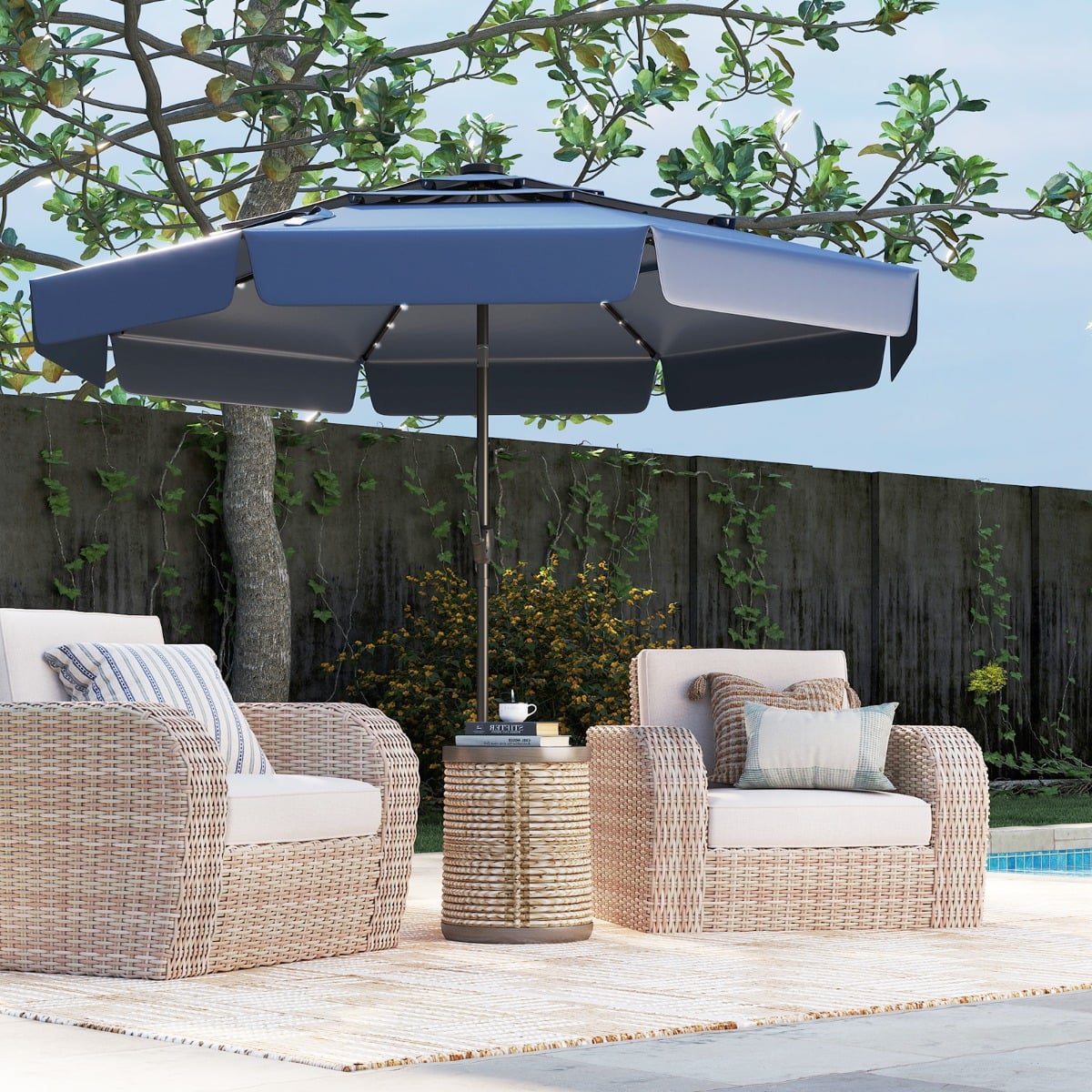 295 cm Solar Patio Umbrella with 32 LED Lights and 3-Tier Vented Top-Navy