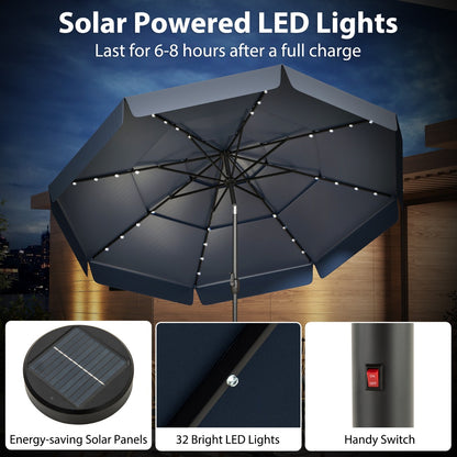 295 cm Solar Patio Umbrella with 32 LED Lights and 3-Tier Vented Top-Navy