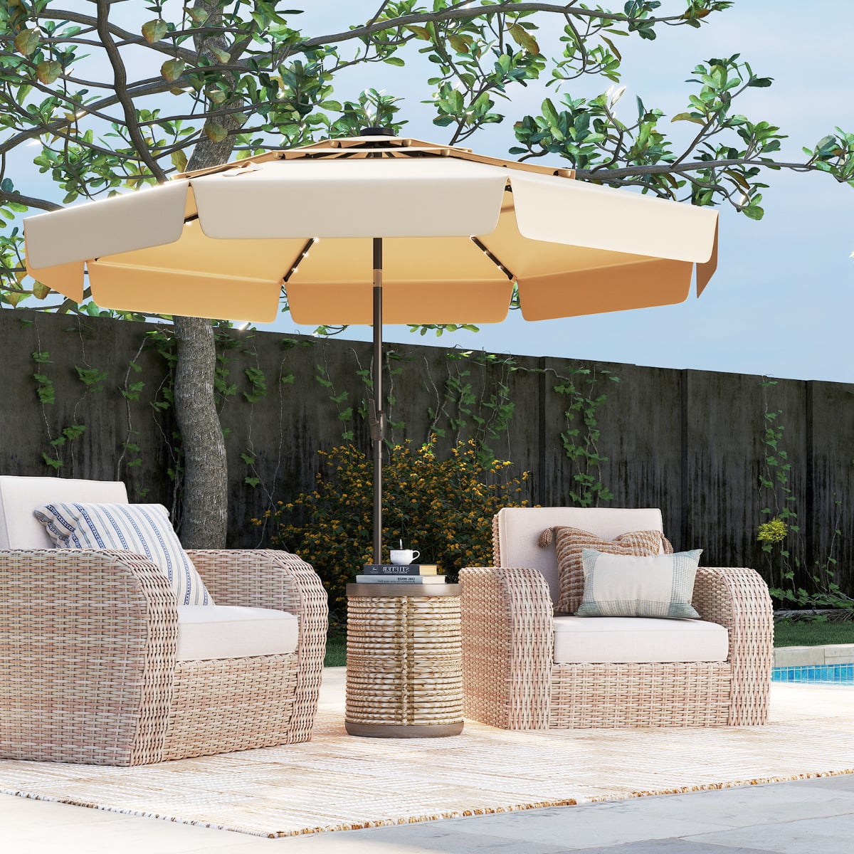 295 cm Solar Patio Umbrella with 32 LED Lights and 3-Tier Vented Top-Beige