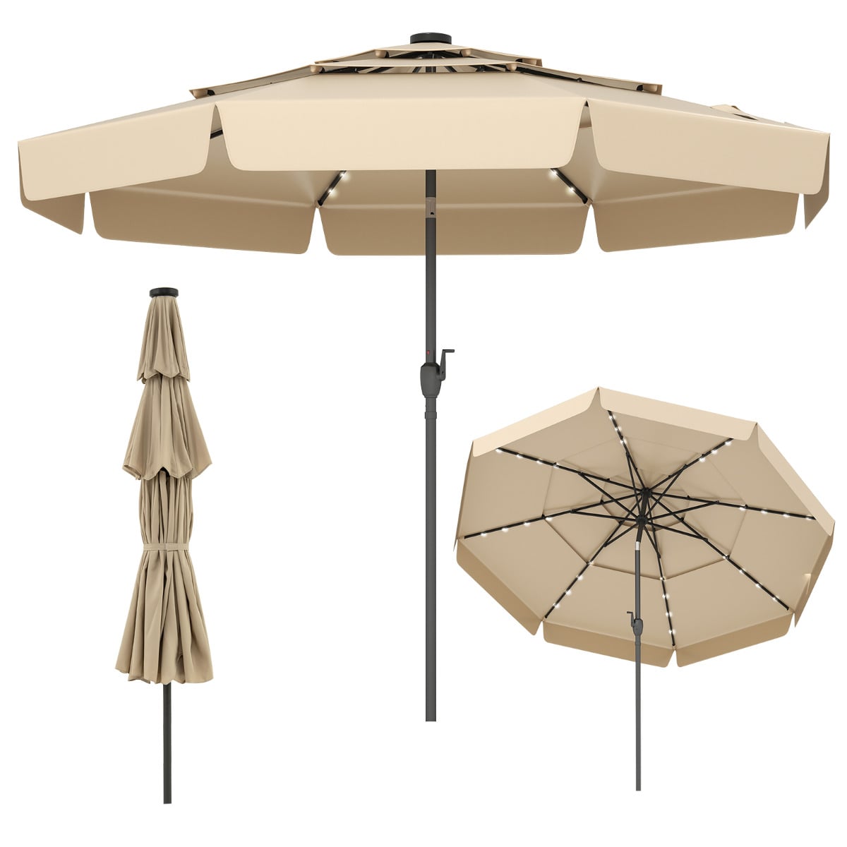 295 cm Solar Patio Umbrella with 32 LED Lights and 3-Tier Vented Top-Beige