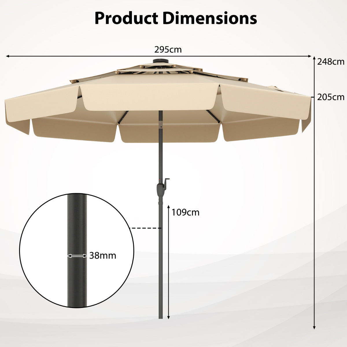 295 cm Solar Patio Umbrella with 32 LED Lights and 3-Tier Vented Top-Beige