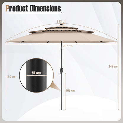 297 cm Solar Patio Umbrella with 32 LED Lights and 3-Tier Vented Top-Beige