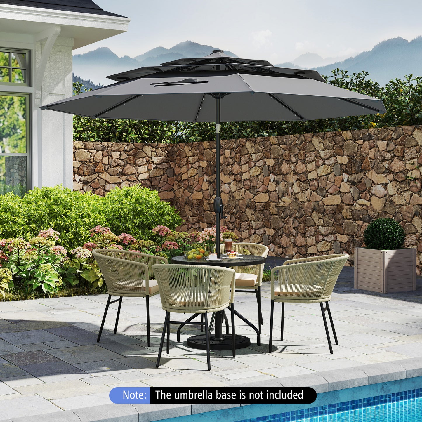 297 cm Solar Patio Umbrella with 32 LED Lights and 3-Tier Vented Top-Grey