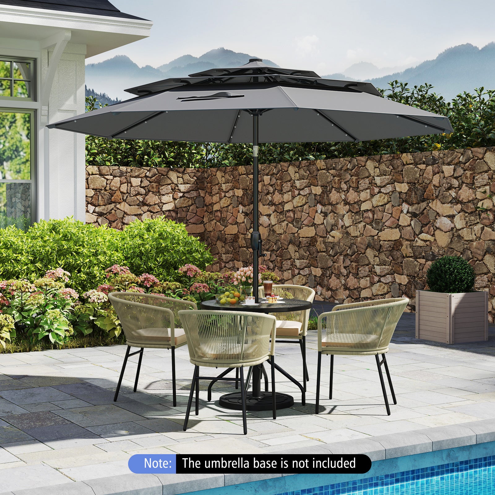 297 cm Solar Patio Umbrella with 32 LED Lights and 3-Tier Vented Top-Grey