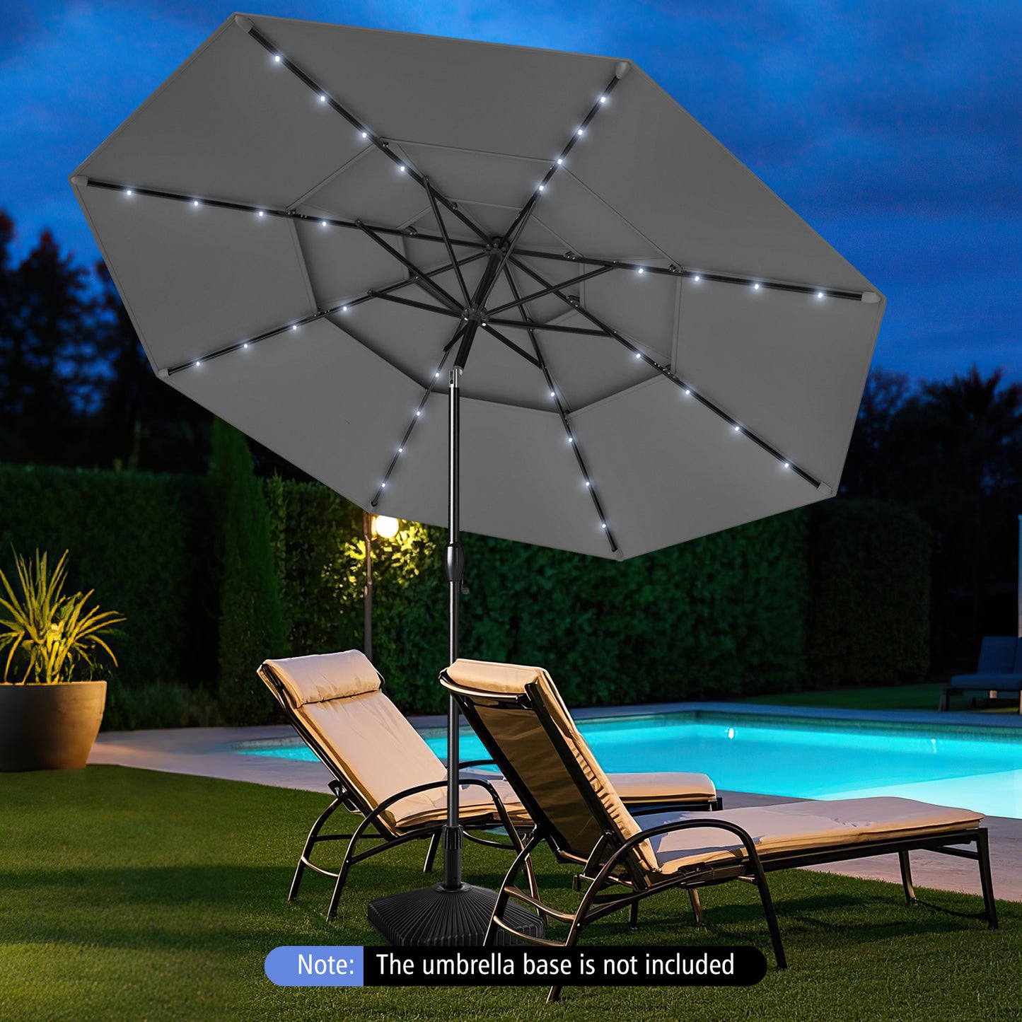 297 cm Solar Patio Umbrella with 32 LED Lights and 3-Tier Vented Top-Grey