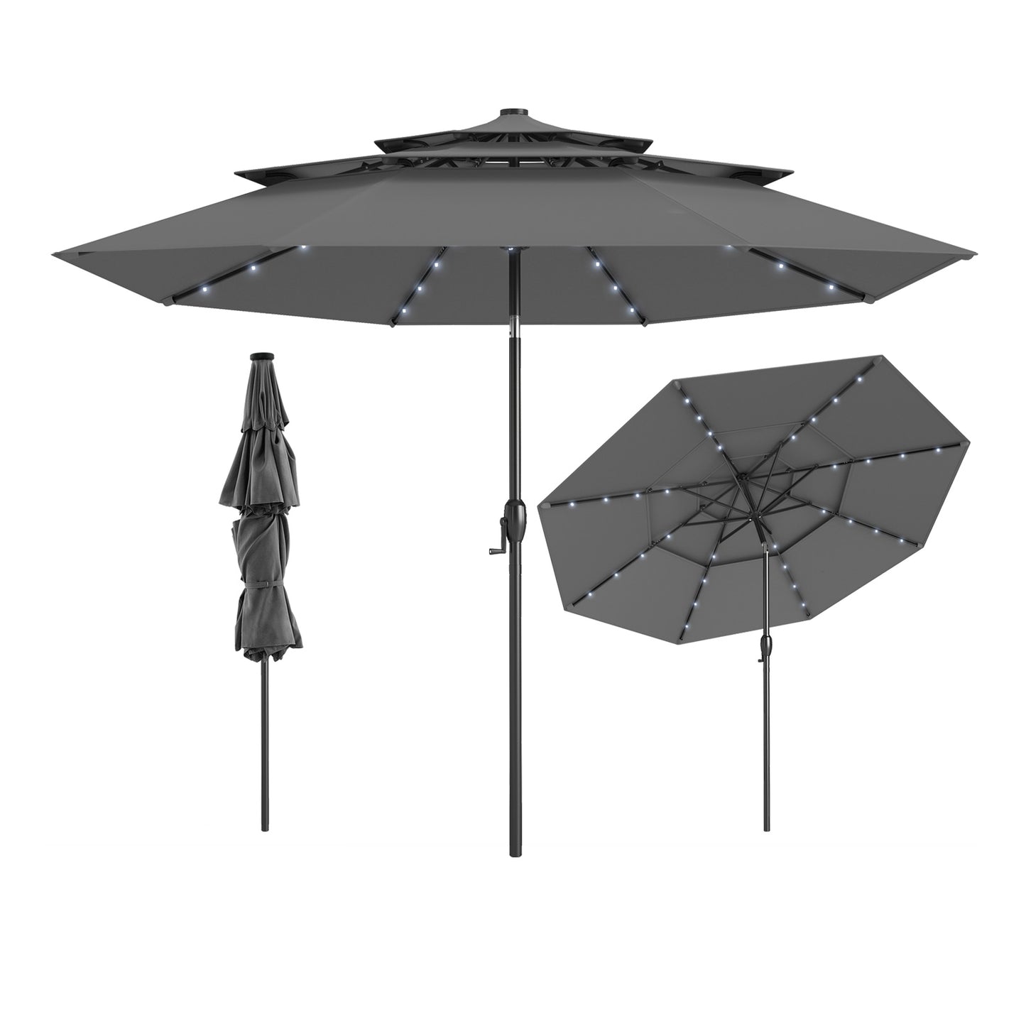 297 cm Solar Patio Umbrella with 32 LED Lights and 3-Tier Vented Top-Grey