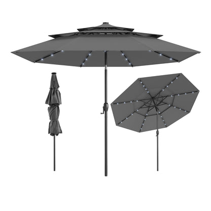 297 cm Solar Patio Umbrella with 32 LED Lights and 3-Tier Vented Top-Grey