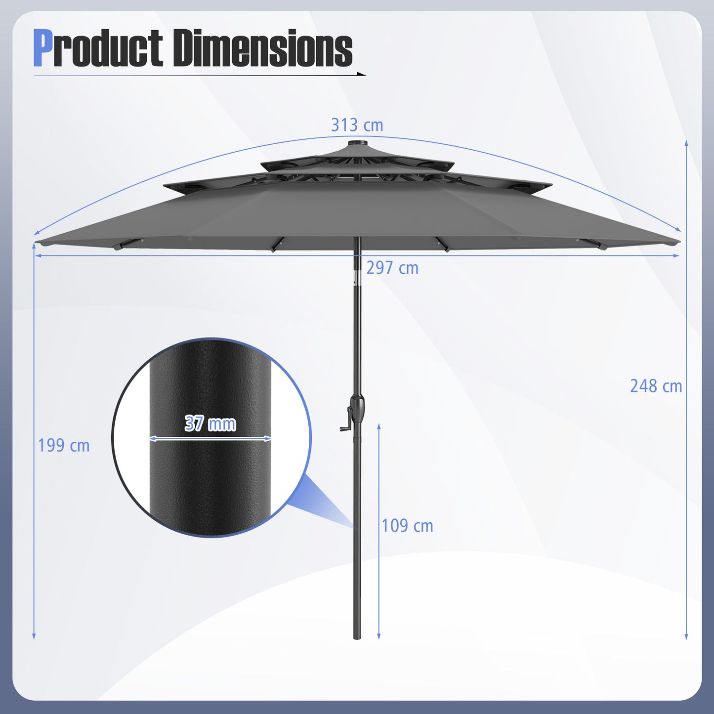 297 cm Solar Patio Umbrella with 32 LED Lights and 3-Tier Vented Top-Grey
