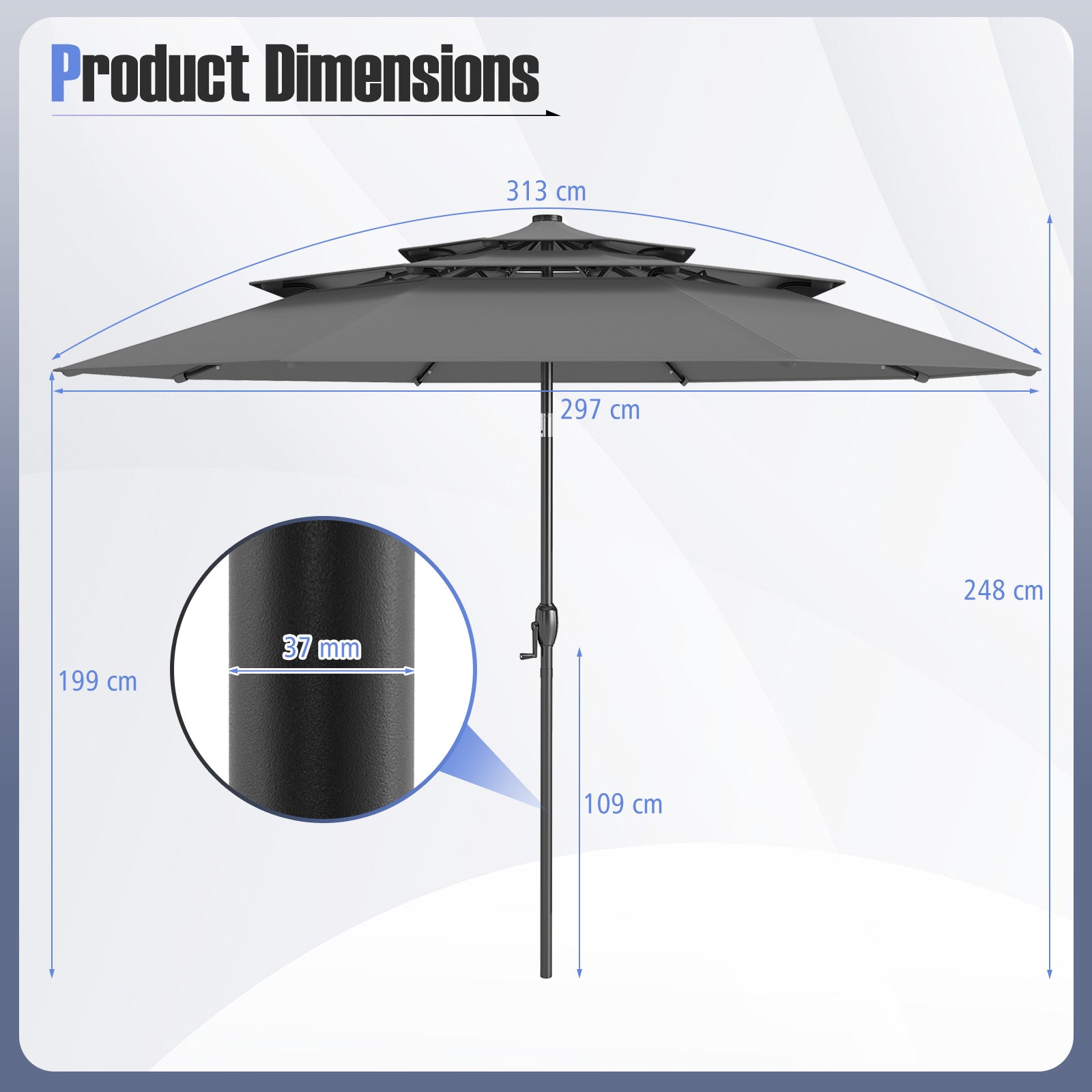 297 cm Solar Patio Umbrella with 32 LED Lights and 3-Tier Vented Top-Grey