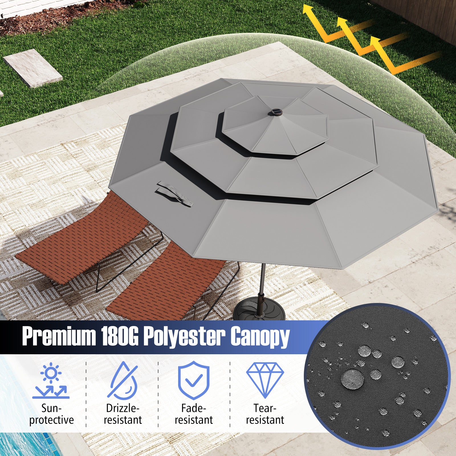 297 cm Solar Patio Umbrella with 32 LED Lights and 3-Tier Vented Top-Grey