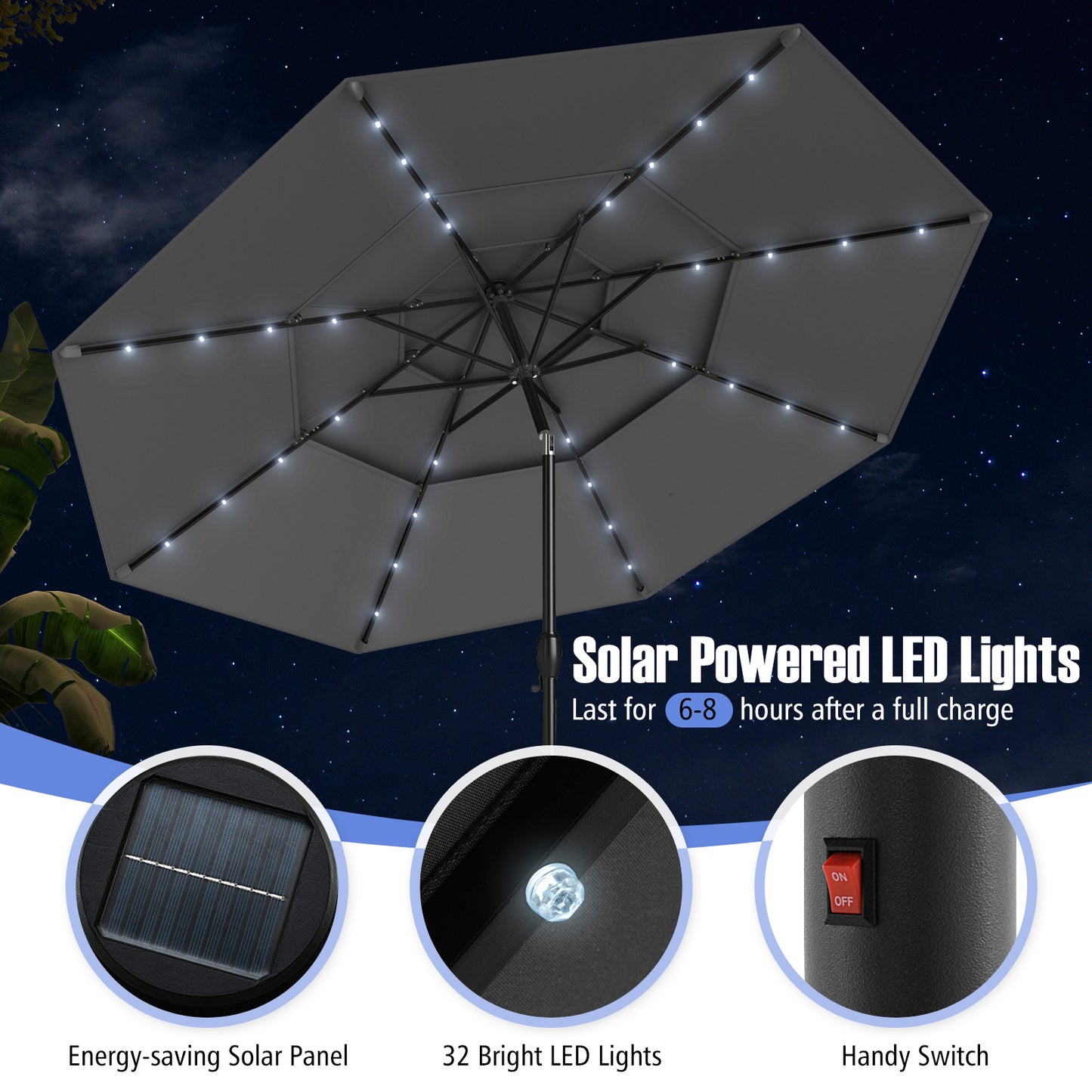 297 cm Solar Patio Umbrella with 32 LED Lights and 3-Tier Vented Top-Grey