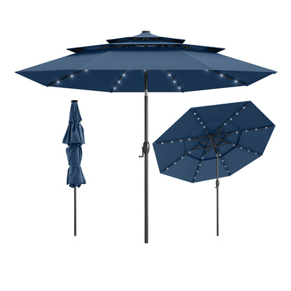297 cm Solar Patio Umbrella with 32 LED Lights and 3-Tier Vented Top-Navy