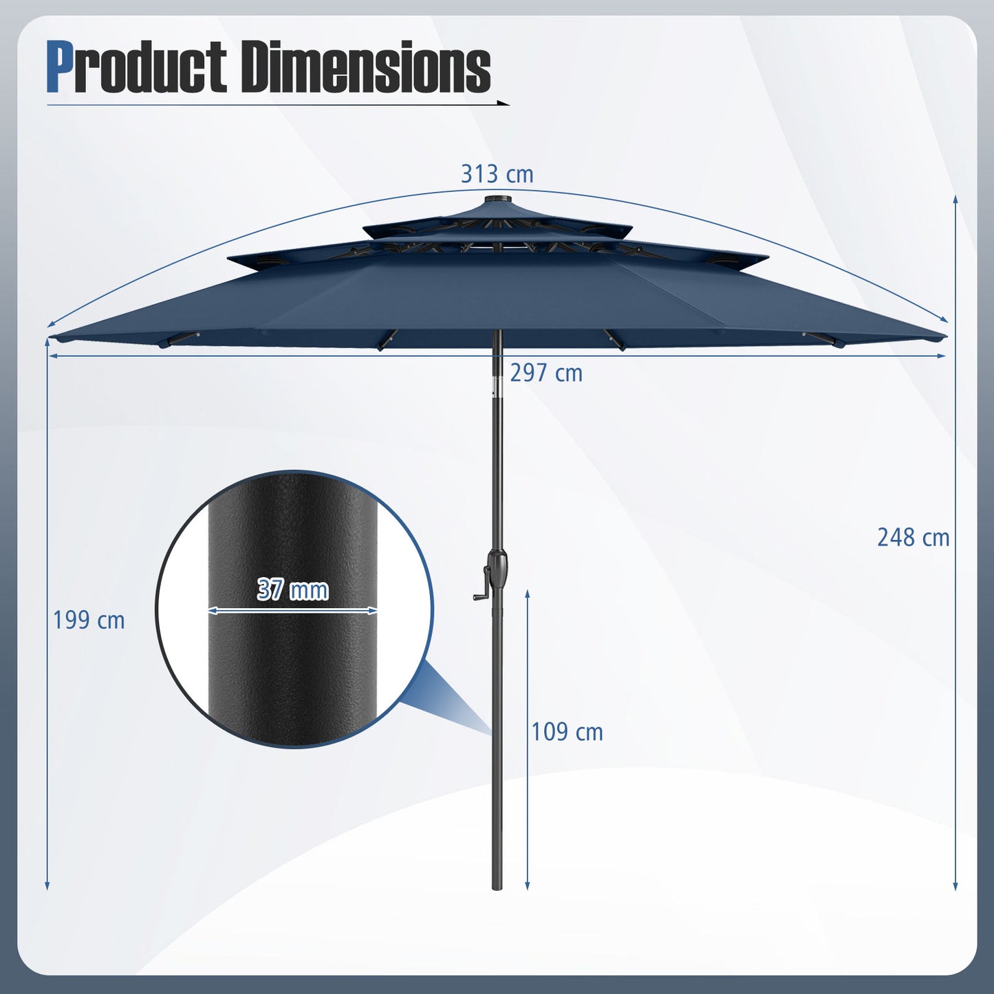 297 cm Solar Patio Umbrella with 32 LED Lights and 3-Tier Vented Top-Navy