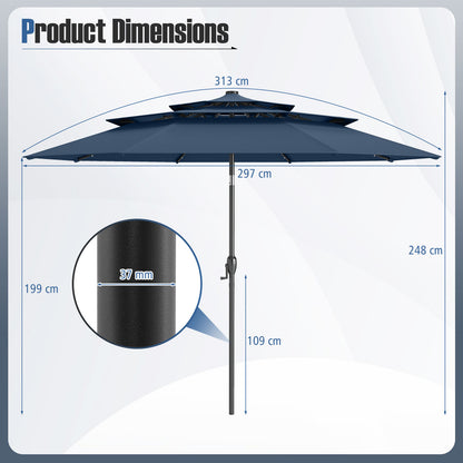 297 cm Solar Patio Umbrella with 32 LED Lights and 3-Tier Vented Top-Navy