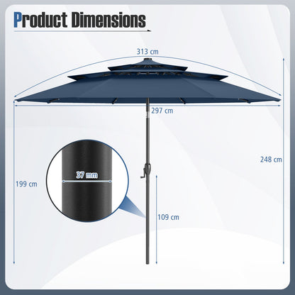 297 cm Solar Patio Umbrella with 32 LED Lights and 3-Tier Vented Top-Navy