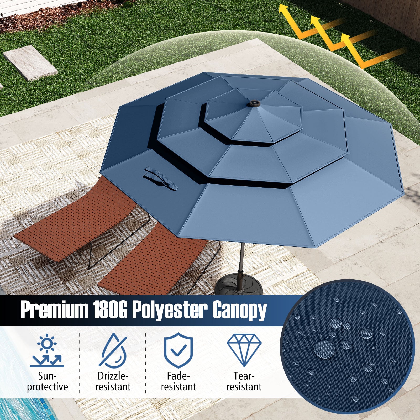 297 cm Solar Patio Umbrella with 32 LED Lights and 3-Tier Vented Top-Navy