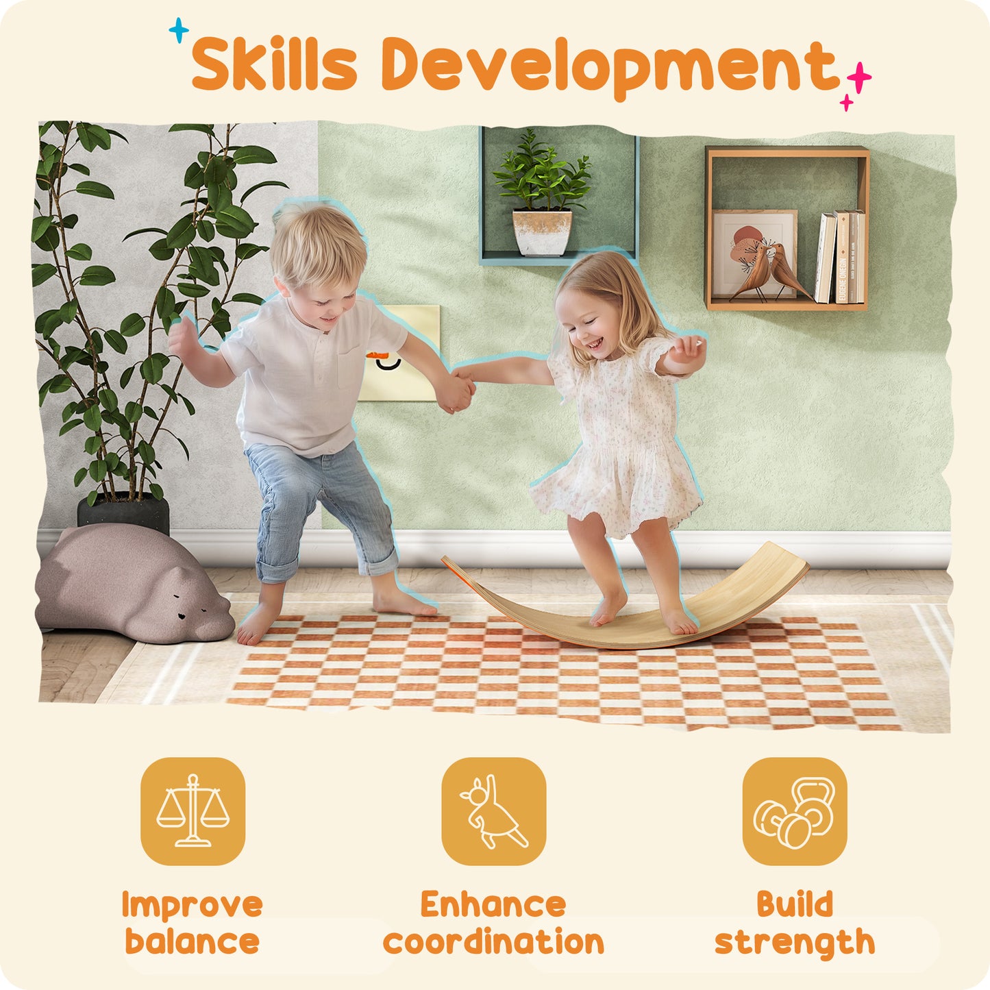 AIYAPLAY Wooden Balance Board for Kids, Wobble Board with Silent Felt for Sensory Play, Orange
