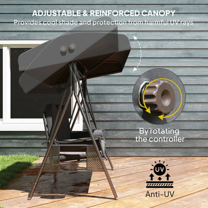 Outsunny 3 Seater Garden Swing Chair Outdoor Hammock Bench w/ Adjustable Canopy, Cushions and Cup Trays, Brown Steel Frame, Dark Grey Fabric