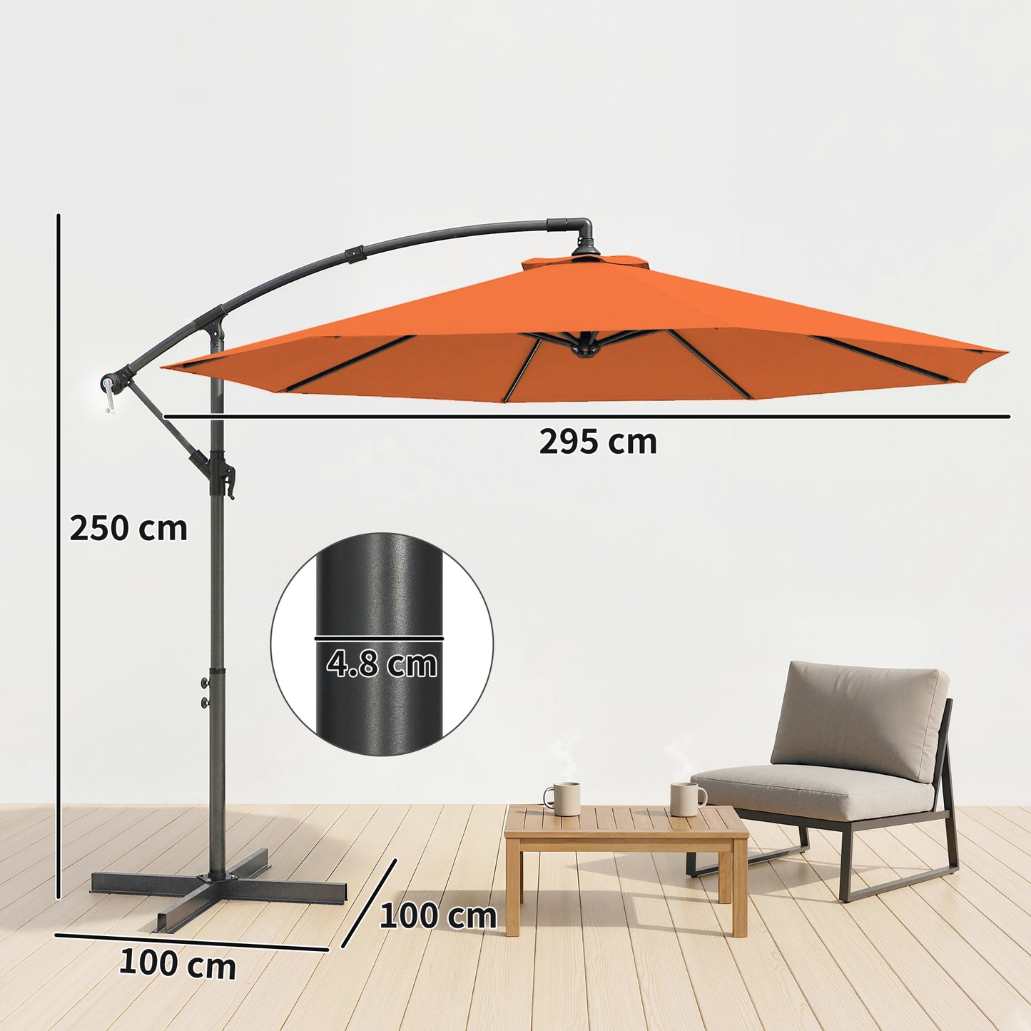 Outsunny 3 m Cantilever Parasol with Cross Base, Offset Outdoor Umbrella with Crank Handle, Hanging Sun Shade, Orange